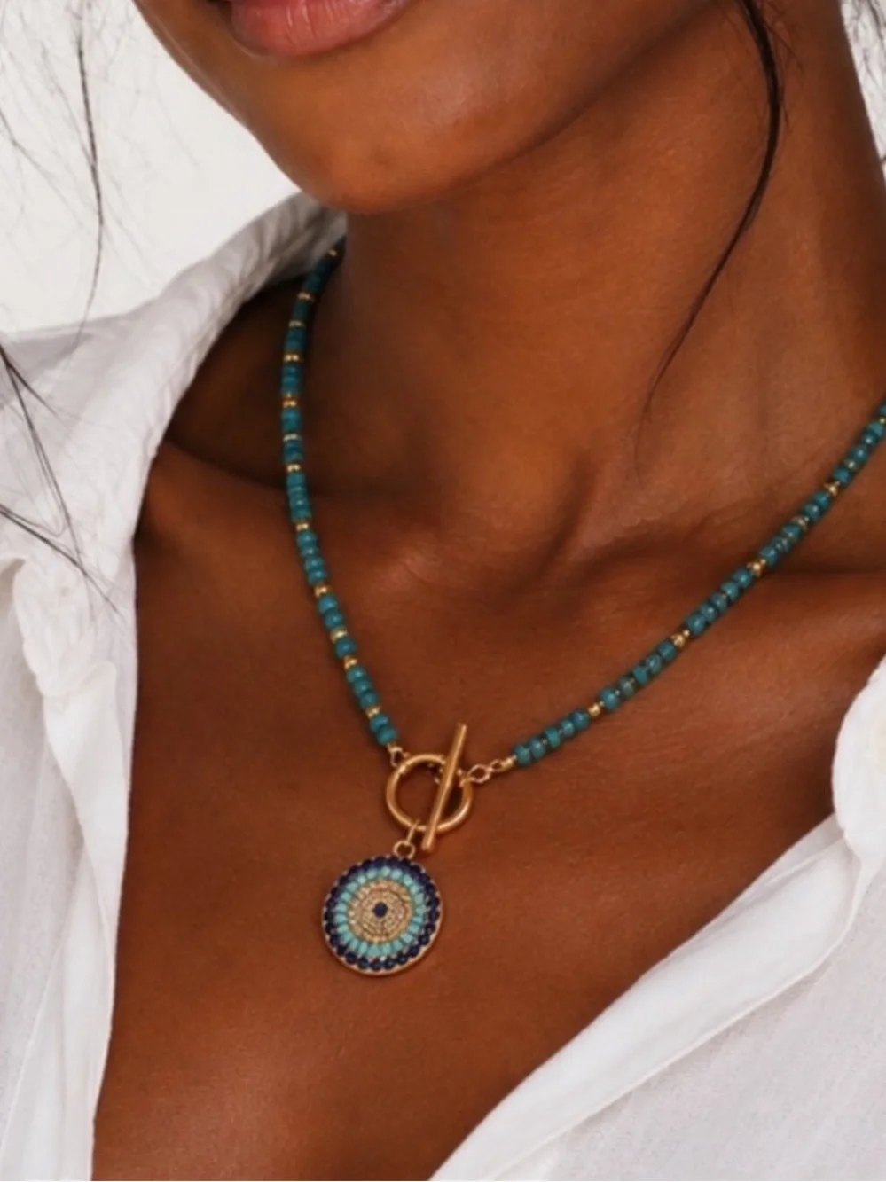 New! Preppy Boho Beaded Rhinestone Evil Eye Toggle Necklace NWOT